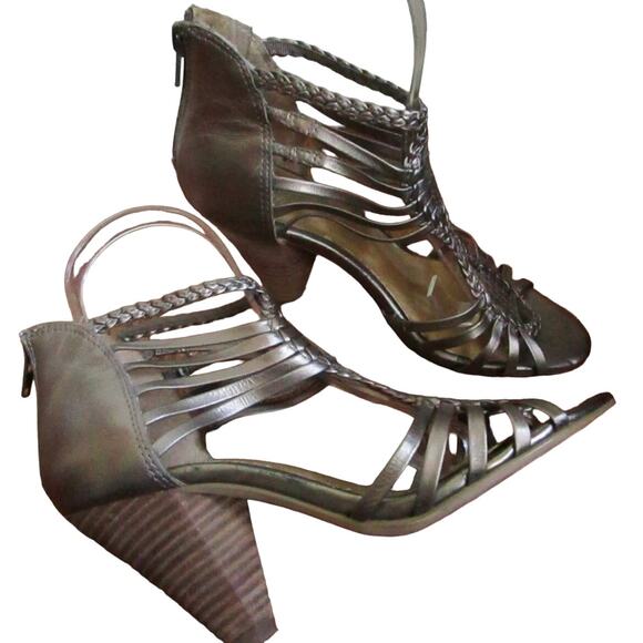 Gold Leather Gladiator Sandals Size 6 Strappy 3.5in Wood Heel Back Zip Moto Boho - Picture 15 of 15